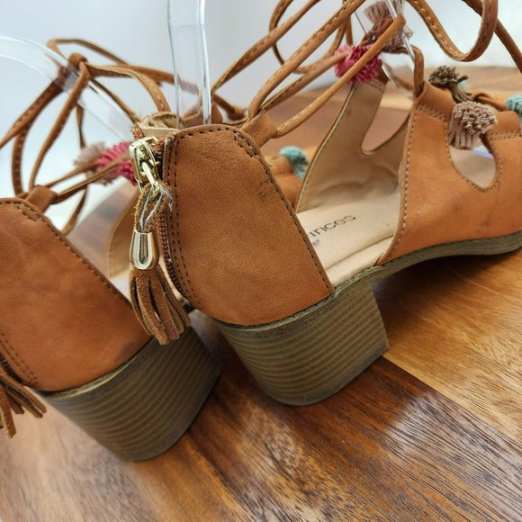 Maurices Ember Sandals 7 Camel Brown Zip Back Strappy Lace Up Tassel Stack Heel - Picture 10 of 13